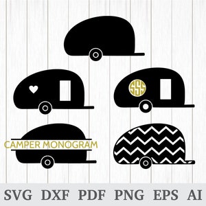 Könnte beinhalten: Fünf schwarze und weiße SVG-Schnittdateien mit Camper-Anhänger-Silhouetten. Die Wohnwagen haben verschiedene Designs, darunter ein Herz, ein Monogramm, ein Chevron-Muster und ein monogrammierter Kreis.