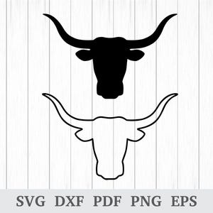 May include: Black and white illustration of a longhorn steer head. The top image is a solid black silhouette, while the bottom image is an outline. The background is a white wood grain pattern. The text at the bottom reads "SVG DXF PDF PNG EPS".