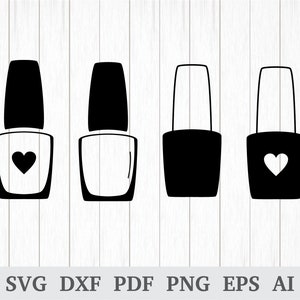 Puede incluir: Cuatro siluetas en blanco y negro de botellas de esmalte de uñas. Dos botellas tienen una forma de corazón en el centro. Las botellas están sobre un fondo de madera blanca.