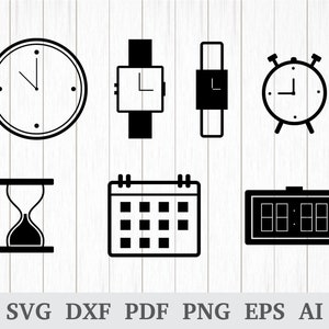 Może przedstawiać: Zestaw czarno-białych ikon przedstawiających różne urządzenia do mierzenia czasu, w tym zegar, zegarek, budzik, klepsydrę, kalendarz i zegar cyfrowy.