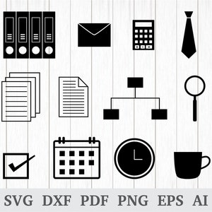May include: Black and white icons of office supplies, including a binder, envelope, calculator, tie, document, flowchart, magnifying glass, checkmark, calendar, clock, and coffee cup.