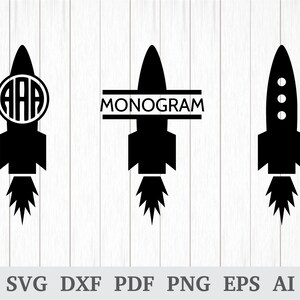 May include: Three black rocket ship silhouettes. The first rocket has a circle with the letters "AAA" inside. The second rocket has the word "MONOGAM" above it. The third rocket has three circles on the side.