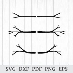 May include: Black vector graphic of six stylized tree branches. Each branch has a straight trunk with two or three smaller branches extending from it. The image includes the text "SVG DXF PDF PNG EPS" at the bottom.