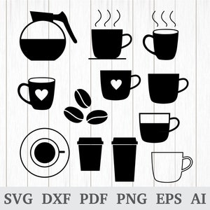 May include: A set of black and white SVG cut files for a coffee themed design. The set includes a coffee pot, coffee cups, coffee beans, and a heart design.