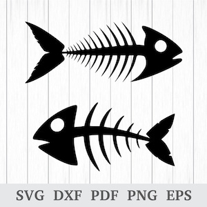 May include: Two black fish skeleton illustrations on a white background. The skeletons are detailed with visible ribs, fins, and heads. The image includes the text "SVG DXF PDF PNG EPS" at the bottom, indicating file formats.