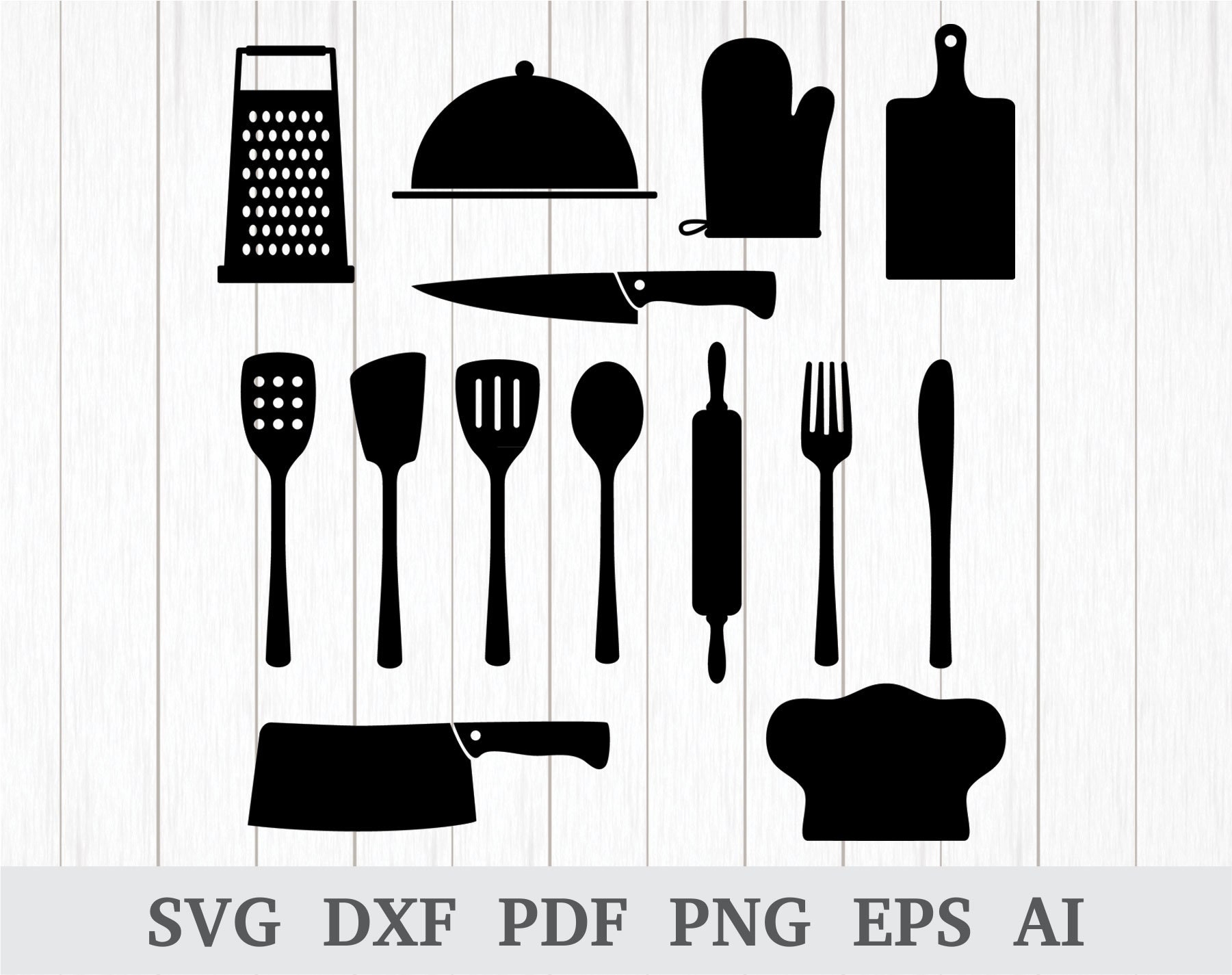 Kitchen Utensils Svg, Kitchen SVG, Restaurant Svg, Spoon Svg, Knife Svg,  Fork Svg, Chef Svg, Cricut & Silhouette, Dxf, Ai, Pdf, Png, Eps 
