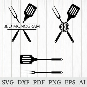 May include: Black and white silhouette of a spatula and a grilling fork crossed over each other. The text "BBQ MONOGAM" is above the crossed utensils. Below the crossed utensils is a circle with the letters "BBB" inside. The spatula and fork are also crossed over each other in the second image, but the circle with the letters "BBB" is in the center of the crossed utensils. The third image shows a spatula and a grilling fork, each on a separate line.