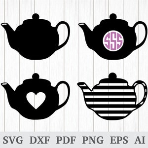 May include: Four black silhouette teapots with different designs. The first teapot is plain, the second has a monogram, the third has a heart, and the fourth has stripes.