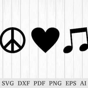 Pace amore musica, musica in formato SVG, pace amore musica vettoriale / Clipart, file in formato svg taglio, cricut & sagoma, dxf, ai, pdf, png, eps