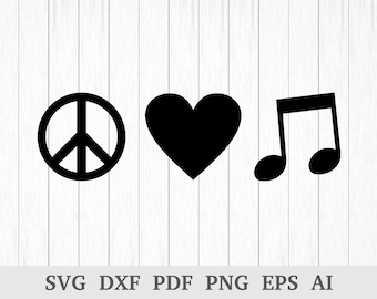 Paix amour musique SVG, SVG de musique, paix amour musique vecteur / Clipart, fichier de coupe svg, cricut & silhouette, dxf, ai, pdf, png, eps
