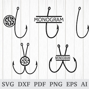 Puede incluir: Un conjunto de cinco archivos de corte SVG de anzuelos de pesca negros. Los anzuelos son de diferentes estilos, incluyendo un anzuelo simple con un monograma, un anzuelo doble con un monograma y un anzuelo simple con un monograma circular. El texto "MONOGARM" aparece en dos de los anzuelos.
