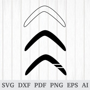 May include: Three black boomerangs, one with a white stripe, are stacked on top of each other. The boomerangs are outlined in black.