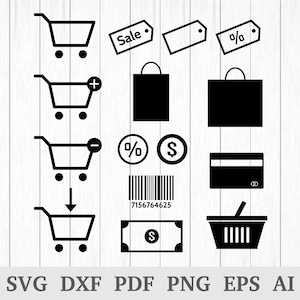 Compras svg , bolsa de la compra svg, carrito de la compra svg, código de barras Svg, Etiqueta Svg, cesta de la compra svg archivo de corte, vinilo, dxf, ai, pdf, png, eps
