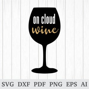 Puede incluir: Silueta de copa de vino negra con el texto "on cloud wine" en letras blancas y doradas.