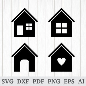 May include: Four black silhouette house designs. The first house has a single window and a door. The second house has a window with three panes. The third house has a rounded roof and an arched doorway. The fourth house has a heart-shaped cutout.
