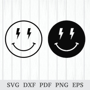 Lightning Smile Bolt SVG, Happy Face Lightning Bolt Svg, Retro Smiley Svg, Smiley Png, cricut & silhouette, vinyl, dxf, pdf, png, eps