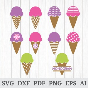 Op de afbeelding: Set van 10 SVG-snijbestanden voor ijshoorntjes. De hoorntjes zijn in verschillende kleuren, waaronder roze, paars, groen en bruin. Sommige hoorntjes hebben een monogramontwerp, terwijl andere stippen of strepen hebben.