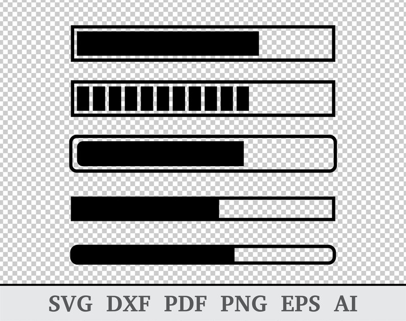 May include: Five different progress bar icons, each showing a different level of completion. The bars are black and white, with the black portion representing the progress.