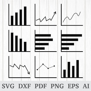 May include: Nine black and white line graphs and bar charts. The graphs show different trends, including increasing, decreasing, and fluctuating data.