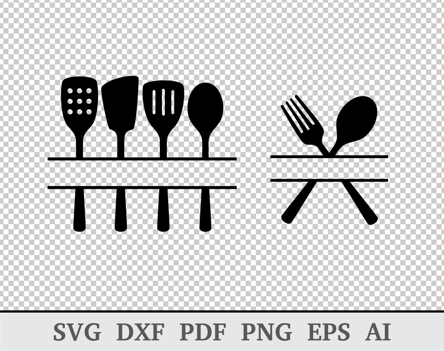 Split Kitchen Utensil SVG, Kitchen Monogram SVG, Kitchen SVG, Spoon Fork  Svg, Utensil Svg, Cricut & Silhouette Vinyl, Dxf, Ai, Pdf, Png, Eps 