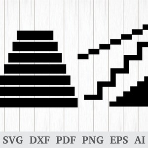 May include: Two black and white images of stairs. The first image shows a set of stairs with nine steps. The second image shows a set of stairs with five steps.