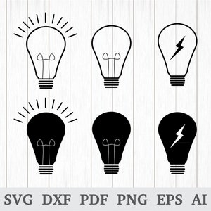 May include: Six black and white light bulb illustrations. Three light bulbs have a simple design, and three light bulbs have a lightning bolt inside. The light bulbs are on a white wood background.