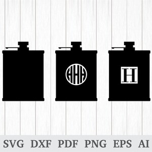 May include: Three black flask designs. The first is a solid black flask. The second flask has a white monogram in a circle. The third flask has a white letter "H" in a square. The bottom of the image has the text "SVG DXF PDF PNG EPS AI".