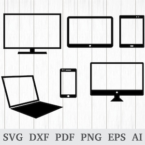Könnte beinhalten: Ein Satz von fünf schwarz-weißen Symbolen, die verschiedene Arten von elektronischen Geräten darstellen, darunter ein Fernseher, ein Computermonitor, ein Laptop, ein Tablet und ein Smartphone.