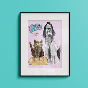 Peut inclure: Impression d'art encadrée avec une illustration de chat et de chien. Le chat brun et vert est assis sur un pain. Le chien est en noir et blanc. L'impression comprend le texte "Filou Master" dans une police colorée, sur fond rose.