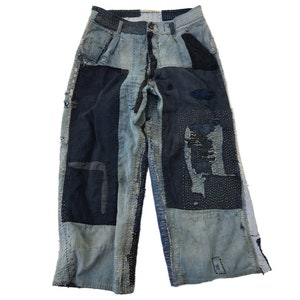 Pantalon de corvée de travail de menuisier de peintre réparé, vintage, des années 40, en denim indigo japonais Boro Patchwork Sashiko (VW-66)