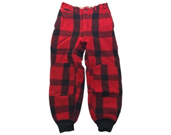 Vintage 50's Repaired Chippewa Buffalo Plaid Red Black Hunting Ski Wool Pants Trousers with Braces Buttons (VSG-2)