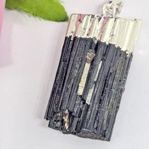 Black Tourmaline Gemstone Pendant, Rough Tourmaline Crystal Pendant, Freeform Pendant, Crystal Healing, Silver Electroplated, Gift for her