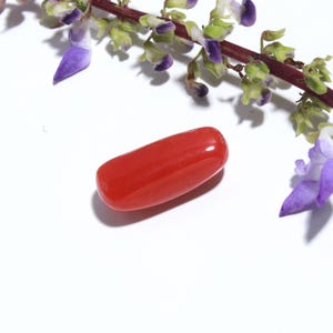 May include: A vibrant red, oblong gemstone, possibly coral, rests on a white surface. Delicate purple and green floral accents frame the gem, adding a touch of natural beauty. The polished stone has a smooth, glossy finish.