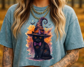 Watercolor Black Cat Clipart: Witch Hat, Bats, Stars (PNG Digital Download