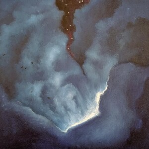 May include: An abstract painting of a night sky with dark blue and white clouds. A bright white light emanates from the bottom center, with a red and brown streak leading to a starry area at the top. Small black birds fly across the sky.