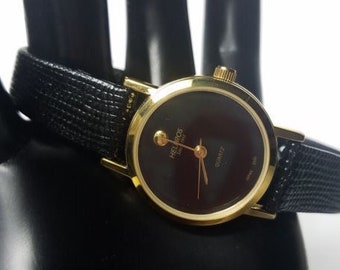 Vintage Helbros Ladies Gold Tone Quartz Watch Black Face Black Band New In Original Box