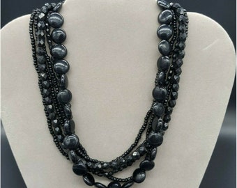 Premier Designs 6 Strand Black Beaded Necklace Round Disc Faceted Seed
