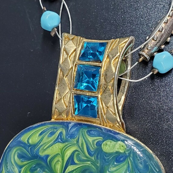 Vintage Gold Tone Blue Green Swirl Enamel Pendant… - image 9