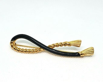 Vintage Signed Monet Gold Tone Black Enamel Twisted Sash Pin Brooch