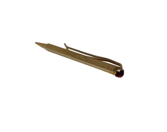 Vintage Anson Brass Tie Bar Mechanical Pocket Pencil Simulated Red Gemstone