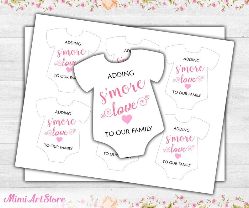 S\u2019more Baby Shower Favor Tags Party Favor Gift Tags Adding S/'more Love To Our Family Tags Mini Onesie Girl Baby Shower Smore Favor Tags