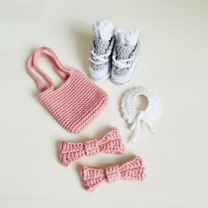 Häkelpuppe Tasche MUSTER, gehäkelte Puppe Turnschuhe Häkelanleitung, Amigurumi-Puppen Accessoires, Puppenschleife Häkelanleitung, Puppenkragen Häkelanleitung