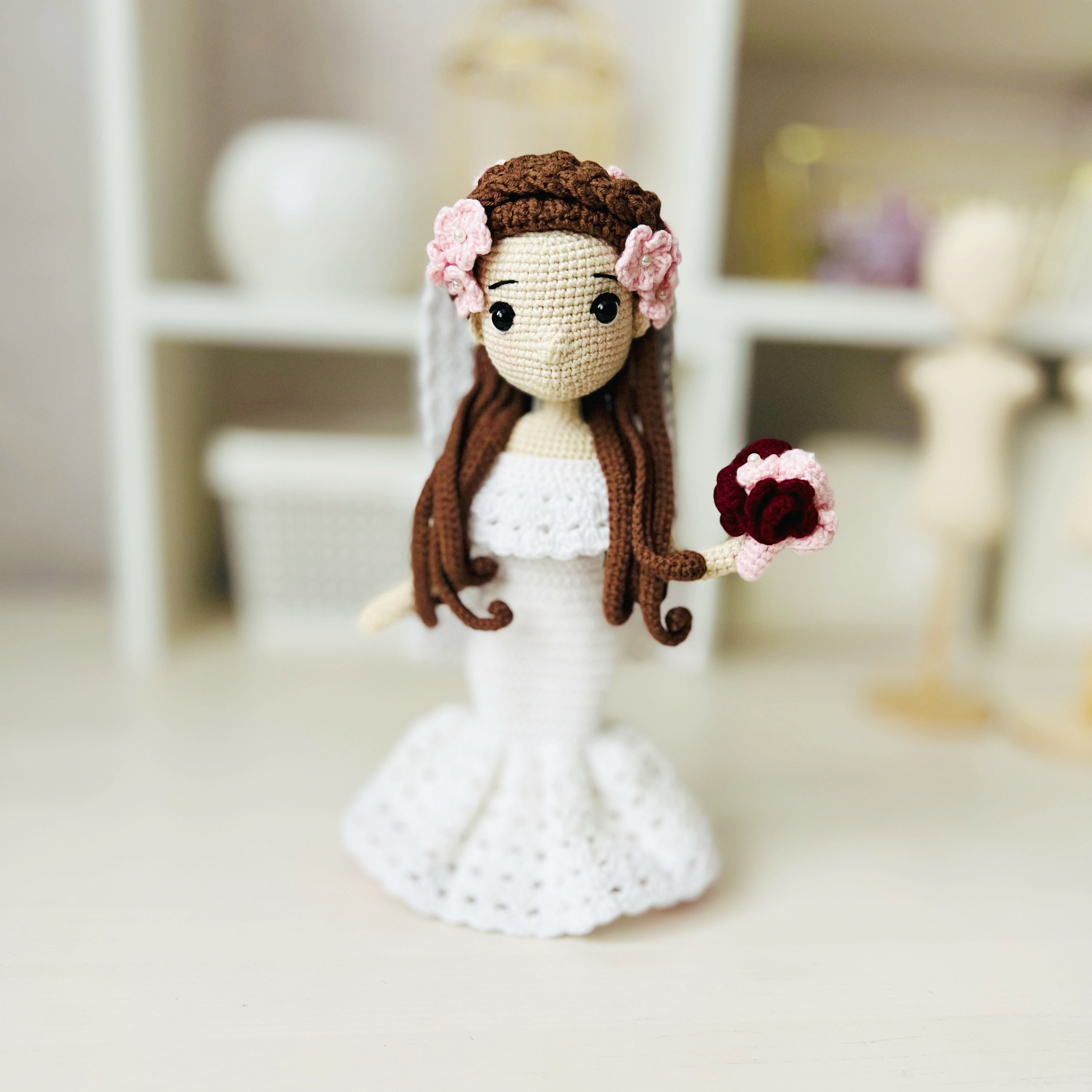 花嫁と花婿のかぎ針編みパターン、編みぐるみウェディングドール