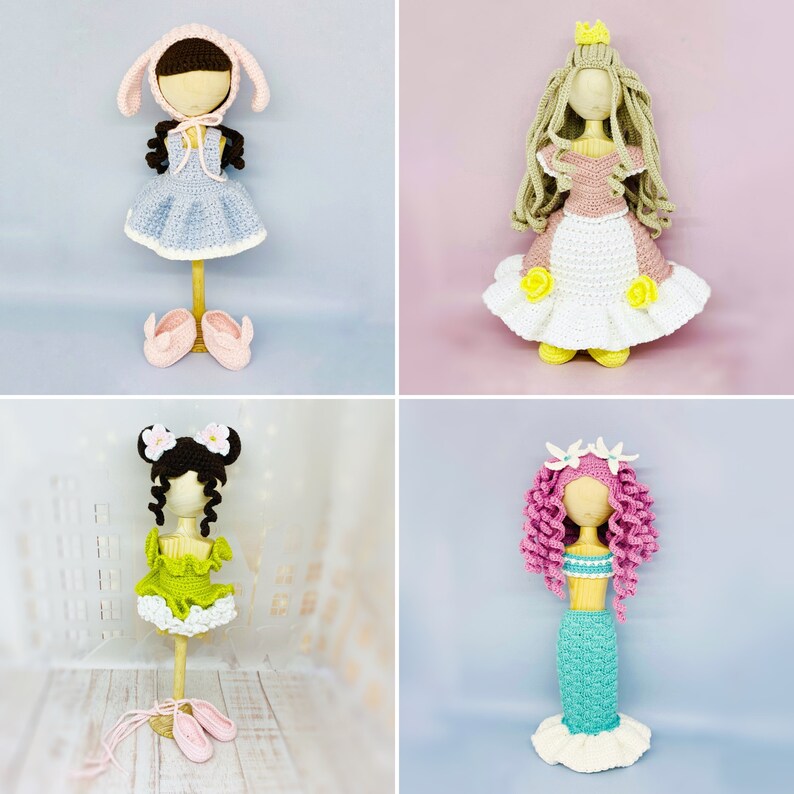 May include: Four crocheted dolls with different outfits and hairstyles. The dolls are wearing a pink dress, a white dress with yellow flowers, a green dress, and a blue mermaid tail.