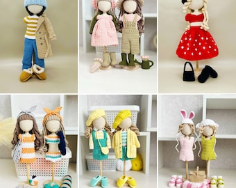 Mönster för amigurumi-kläder, virkad leksaksdräkt, avtagbara kläder för 9-tums docka, virkad dockklänning, kappa, mössa, stövlar, skor, 6-i-1-paket
