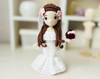 Patrón de ganchillo para muñeca de boda, tutorial en PDF de novia amigurumi, ropa de juguete de boda de 23 cm, conjunto de muñeca de ganchillo, vestido, velo, ramo, regalo de boda