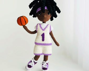 Amigurumi Basketball Player tutorial, 9 inch doll body Crochet Pattern, removable basketball doll clothes, toy sport outfit, hair wig PDF