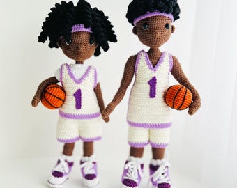 Amigurumi Basketball Player tutorial, 9" and 10" doll body Crochet Pattern, removable basketball doll clothes, toy sport outfit, hair wig