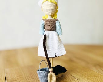 Amigurumi doll clothes pattern, crochet housemaid doll outfit, 9 inch toy clothes, dress, apron, wig, cleaning tools toy miniature
