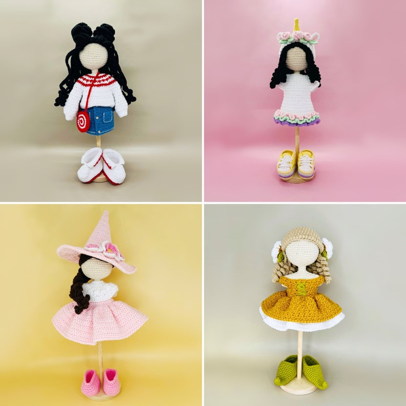May include: Four crocheted dolls on stands. The dolls are wearing different outfits and have different hairstyles. The dolls are all handmade and have a whimsical look.